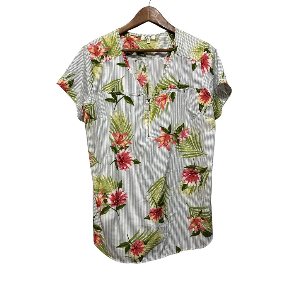 MPH Collection Women's Floral Striped Short‎ Sleeve Top Blouse 1X
